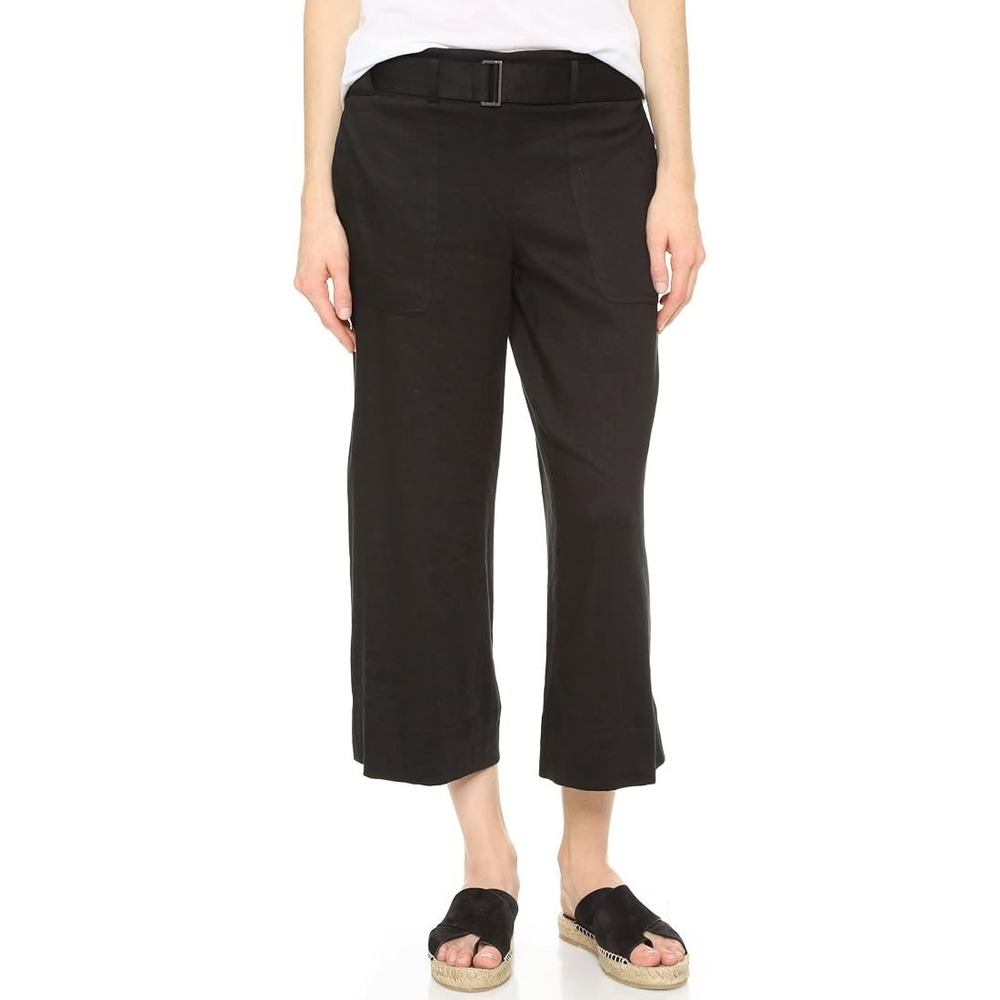 Vince Black Linen Blend Belted Utility Culottes Wide Leg Cropped Pants Size 6